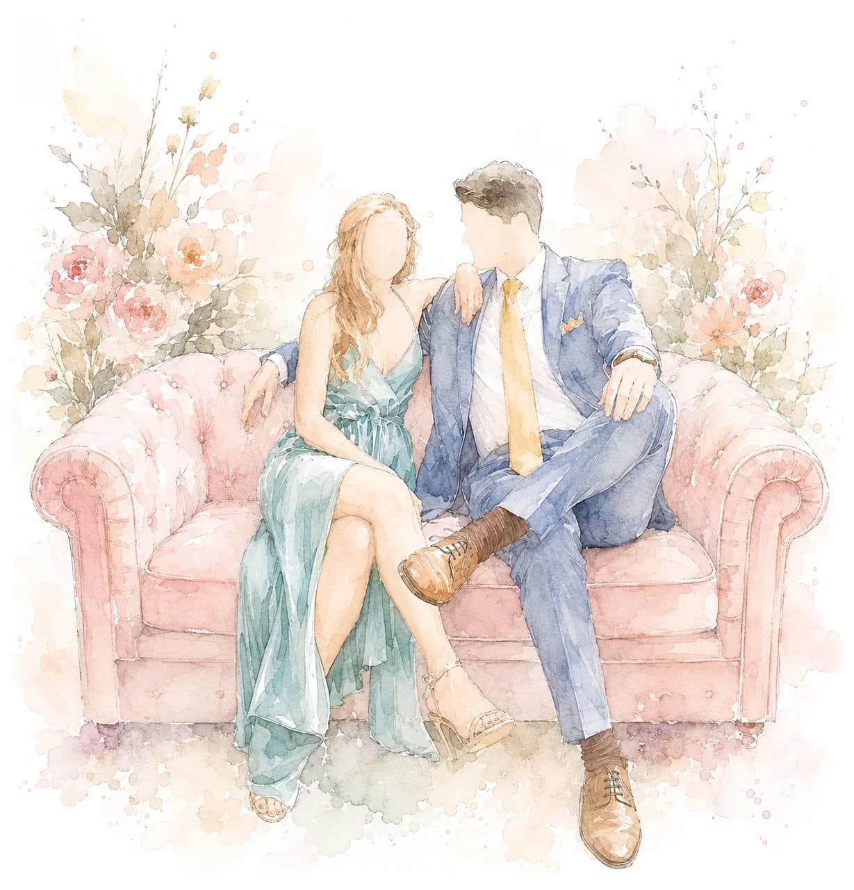 Acuarela de Pilar y Javier sentados en un sofá rosa rodeado de flores: ella con vestido verde agua, él de traje azul y corbata mostaza