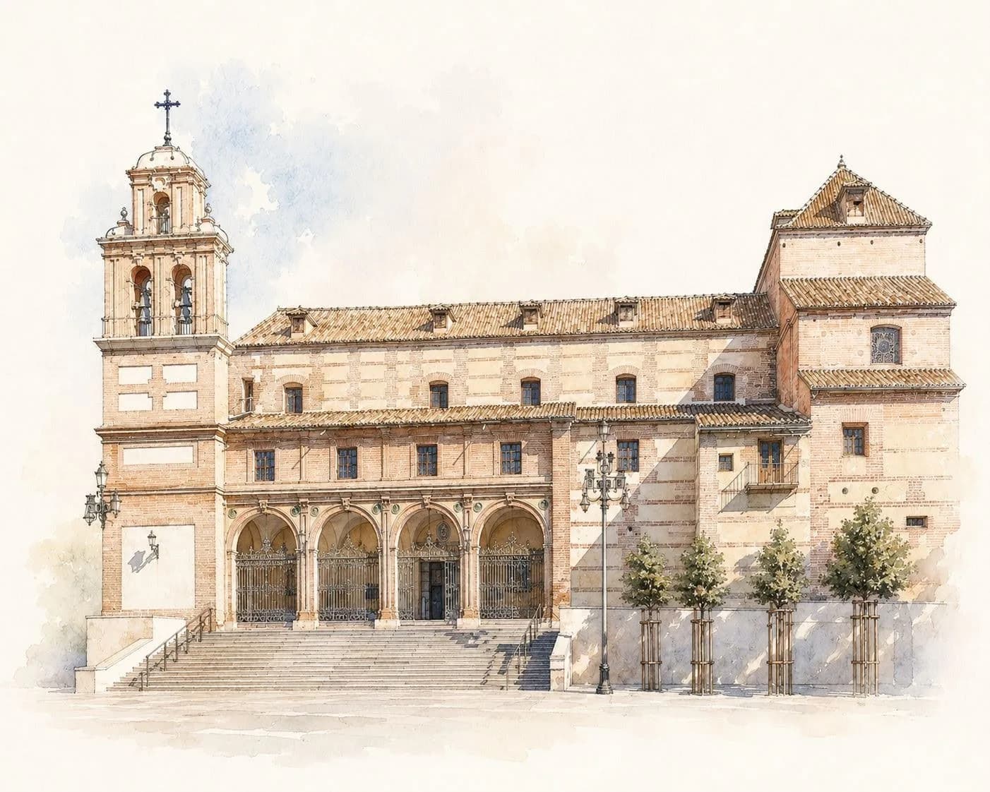Acuarela del Santuario de la Victoria: la fachada de ladrillo con sus arcos, la escalinata y la torre del campanario con su cruz